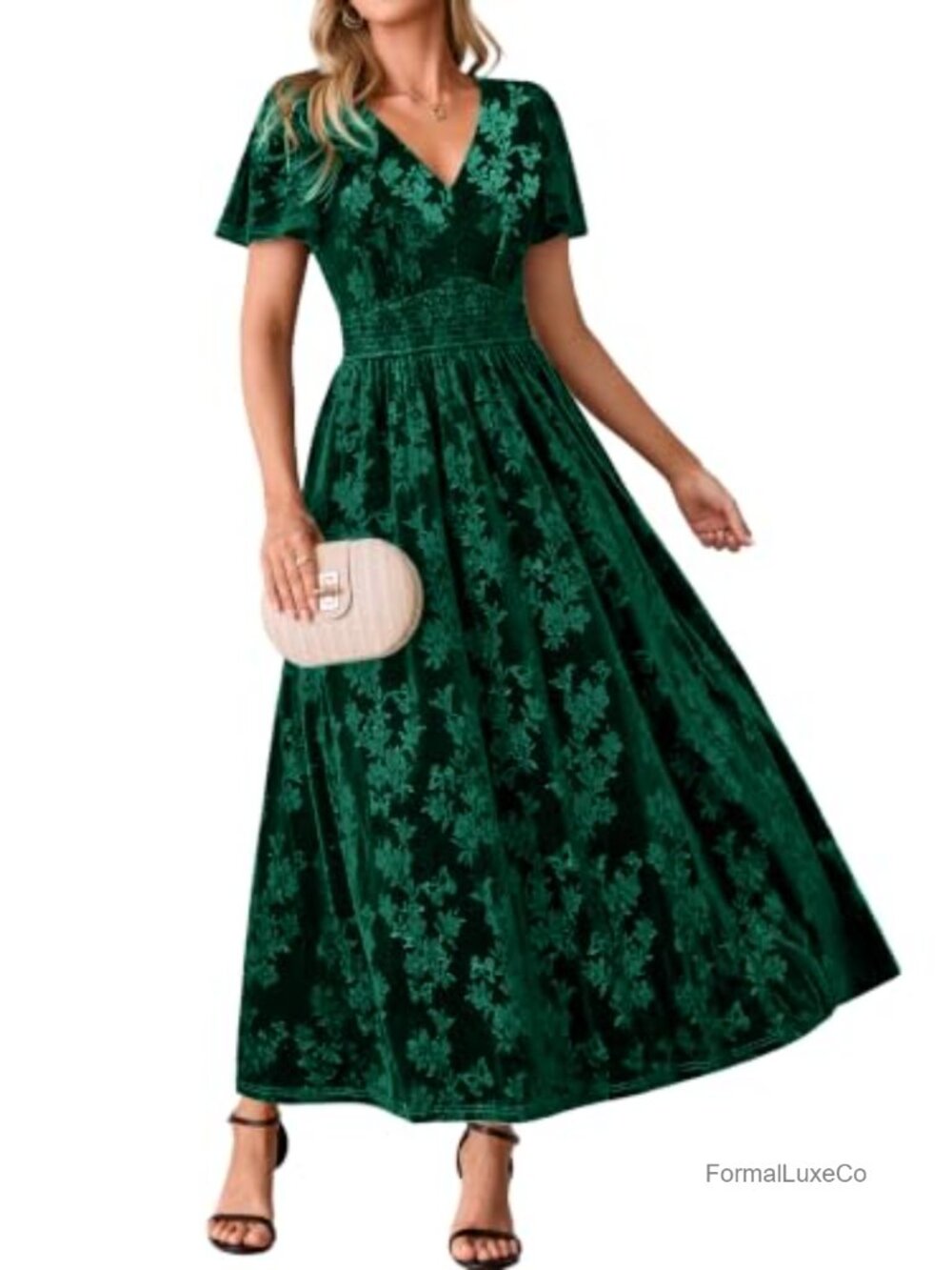 Velvet Floral Maxi Dress Flutter Sleeve Wedding Guest Cocktail
